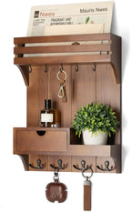 Rebee Vision Farmhouse Key Holder Wall Mount – Decorative Mail Organizer with 9 Key Hooks and Mini Drawer Organizer – Rustic 