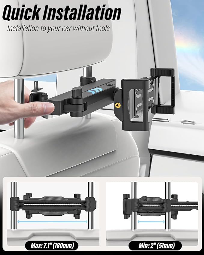 woleyi Car Headrest Tablet Holder, [Large Clamp] [Thick Case Friendly] Tablet Mount for Car Back Seat, Road Trip Essentials for Kids Accessories, for iPad Pro Air Mini, Galaxy, Fire HD, 6-15.6" Device
