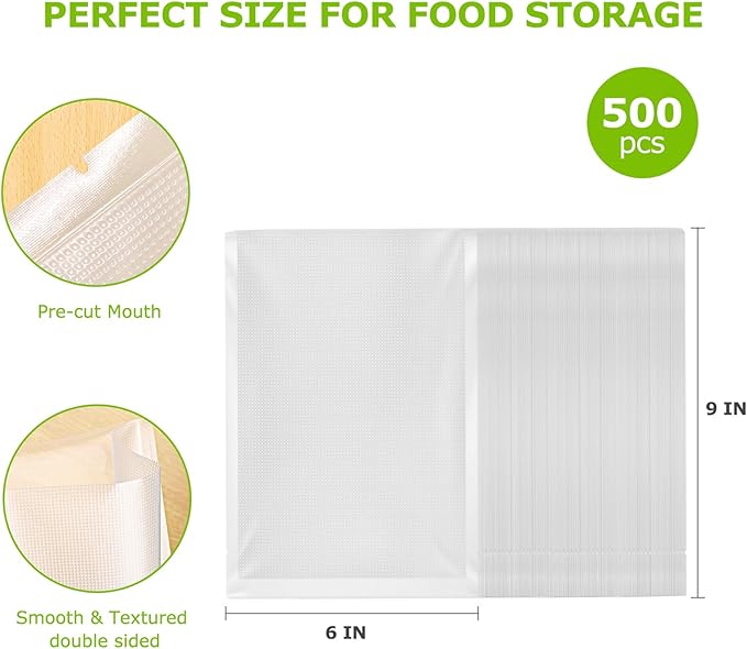 Bonsenkitchen Precut Vacuum Sealer Bags, 500 Pint 6" x 9" Food Sealer Bags,Commercial Grade, BPA Free, Heavy Duty, Customized