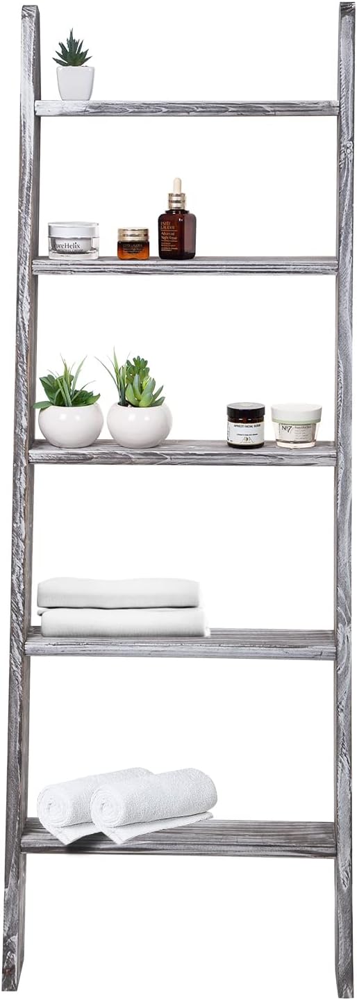 Rustic 5-Tier Wall-Leaning Wood Loadder Towel Racks for Bathroom Livingroom Kithen Office Woden Farmhouse Ladder-Style Blanke