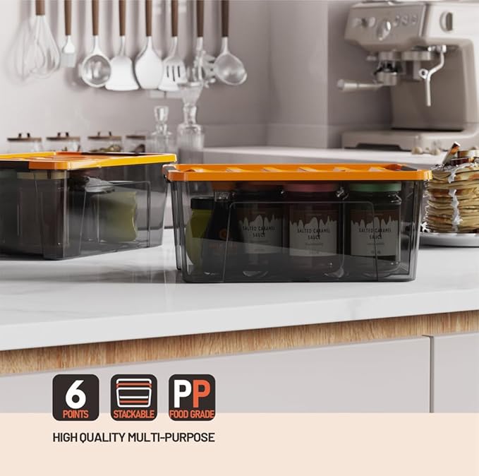 WYT 5-Quart Small Storage Container Bin with Orange Secure Lid and Black Clear Latch Buckles, Durable Plastic Stackable Nesta