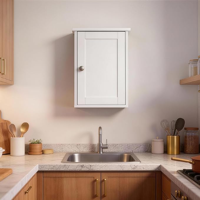 VINGLI Bathroom Wall Cabinet, White Medicine Cabinet with Single Door, Small Over Toilet Storage Organizer with Adjustable Sh