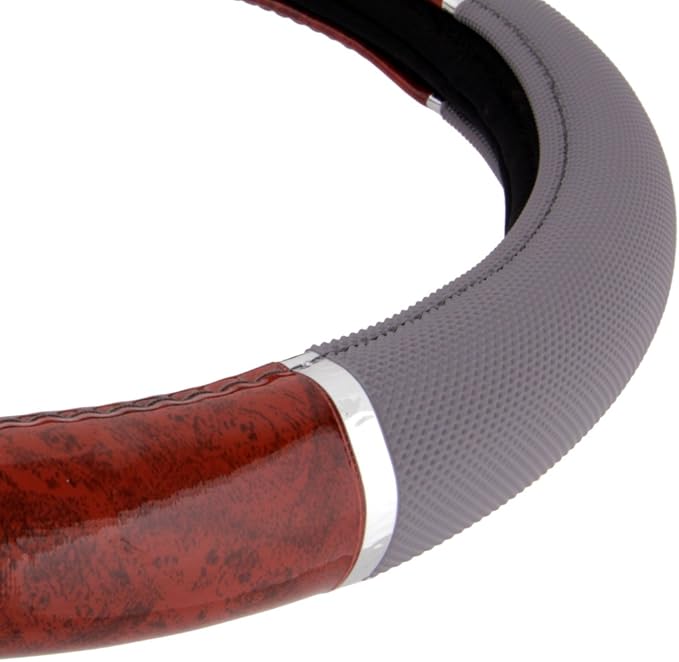 BDK Dark Wood Grain Car Steering Wheel Cover, Standard 15 inch with Gray Faux Leather Grip, Made to Fit Most Auto Truck Van S