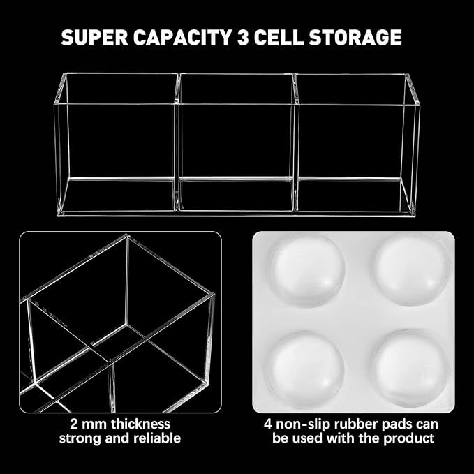 Epakh 2 Pieces Acrylic Cube Organizer 3 Compartments Clear Acrylic Pencil Holder Makeup Brush Drawer Organizer for Desk, Offi