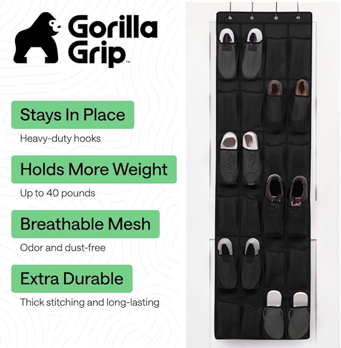 GORILLA GRIP Over the Door Shoe Organizer, 24 Large Breathable Mesh Pockets, Space Saving Hanging Storage Holder, Closet Rack