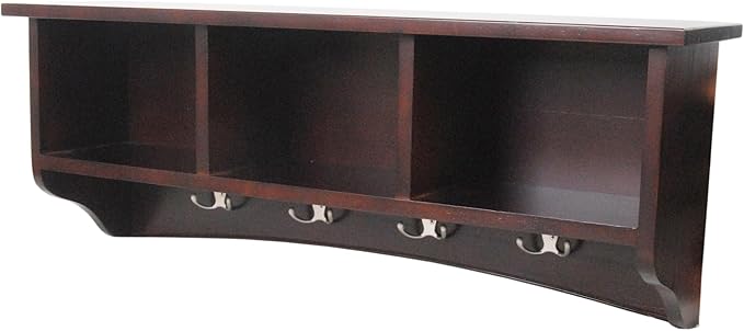 Shaker Cottage Wall-Mounted Coat Rack with 3 Storage Cubbies and 4 Hooks – Space-Saving Storage Rack and Wall Shelf Organizer