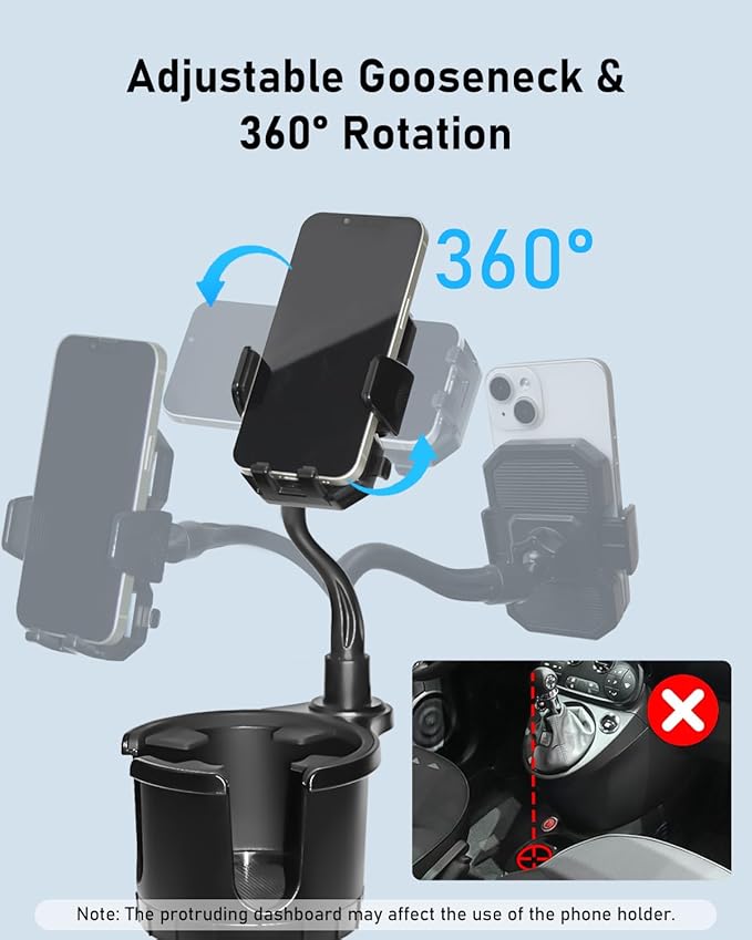 Belinous Car Cup Holder Expander with Phone Holder, 2 in 1 Car Phone Mount & Cup Holder Adapter with Adjustable 360° Rotation Gooseneck, U-shaped Handle Slot, Fits for iPhone, Samsung, Drinking Bottle