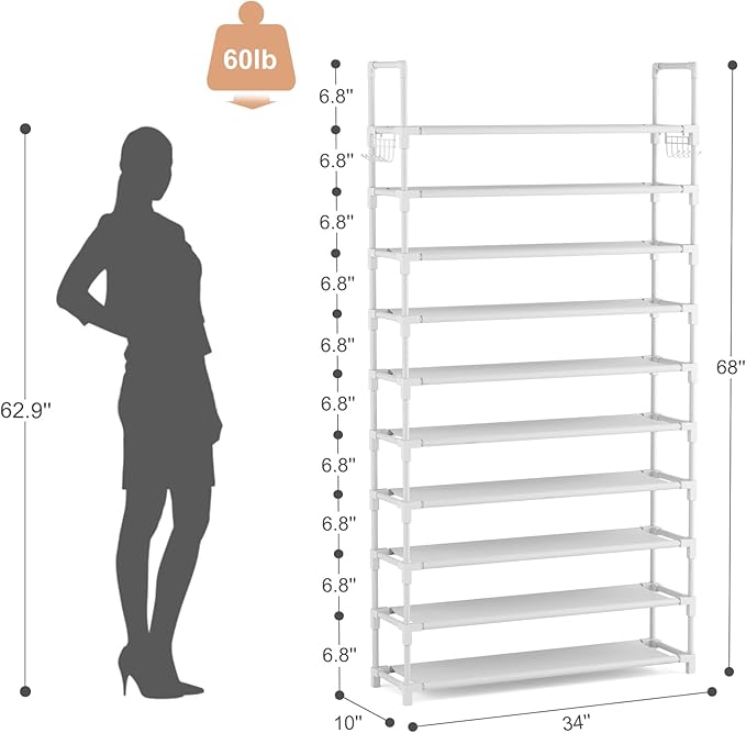 VTRIN 10 Tiers Shoe Rack Tall Large Capacity Wide Shoe Organizer Sturdy Shoe Shelf for Entryway with Two Hooks Metal Shoe Sto
