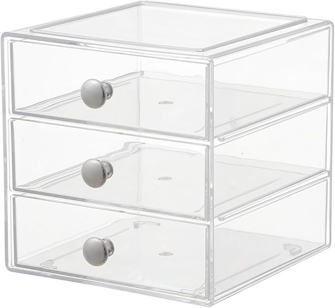 AJIODA Makeup Drawer Organizer Box with 3 Drawers, Acrylic Cosmetic Display Case Vanity Organizer Jewelry Storage Box Stackab