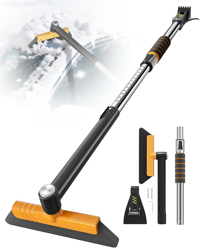 helloleiboo 43.7" Extendable Ice Scrapers for Car Windshield for 12 Adjustable Length Settings with Foam Grip and 360° Pivoting Brush Head Detachable Snow Brush for Truck SUV(Orange)