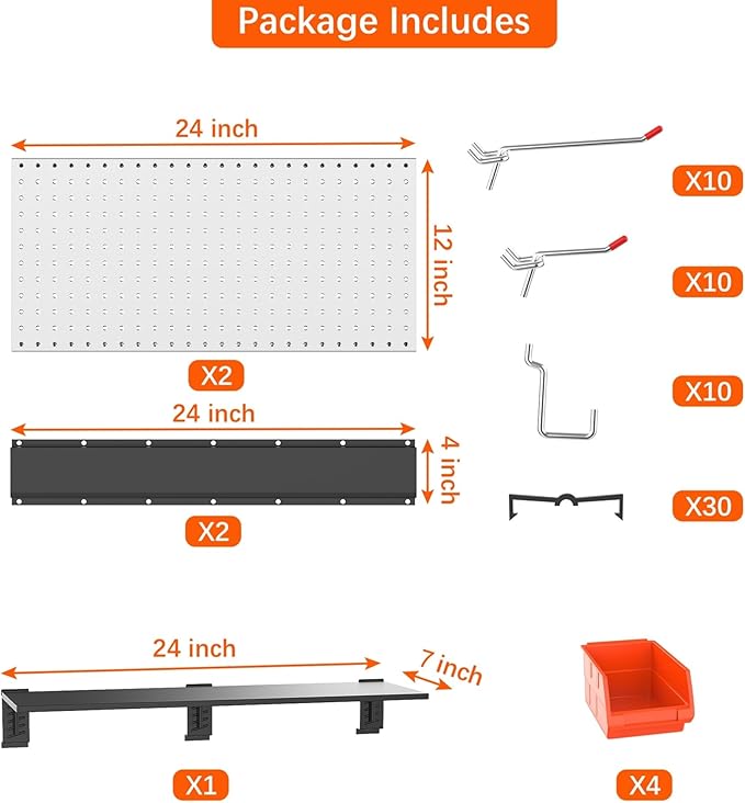 TORACK Metal Pegboard with Accessoreis for Garage Wall, Tool Organizer Pegboard with Hooks, Wall Mounted Bins/Shelf, Tool Sto