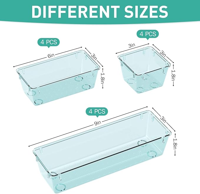 WOWBOX 12 Pack Clear Drawer Organizer Set, Acrylic Drawer Storage Trays, Storage Bins for Makeup, Cosmetics, Jewelries, Utens