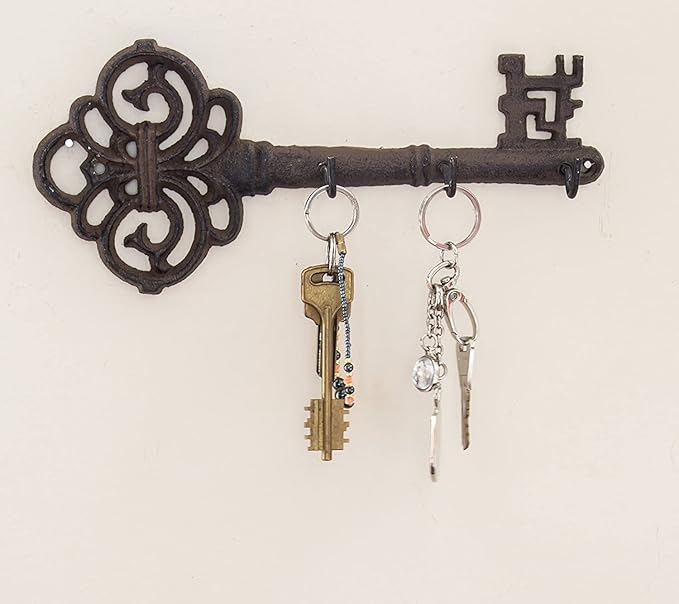 Comfify Cast Iron Skeleton Key Holder for Wall - Decorative Farmhouse Rustic Wall Mount Key Organizer - 3 Key Hooks - Vintage