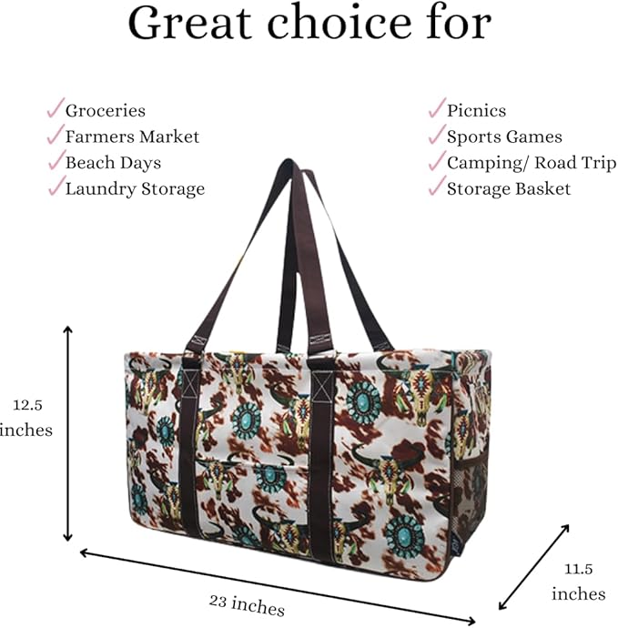 NGIL Extra Large Utility Tote Reusable Grocery Bag Oversized Collapsible for Groceries, Storage, Picnic, Beach (Bulls and Cow-Black)