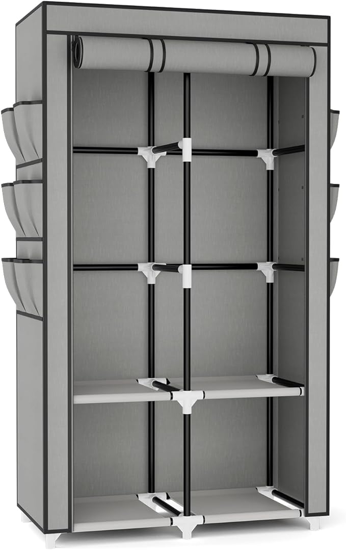 VTRIN Portable Closet Wardrobe for Hanging Clothes with 4 Storage Shelves, 2 Hanging Rods and 6 Pockets, Stable and Easy Asse