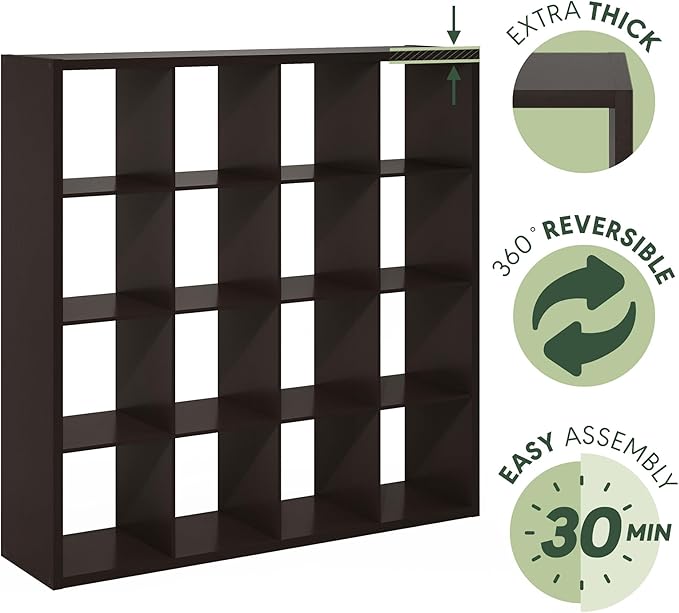 Furinno Cubicle Book Shelf, 16-Cube Bookshelf, Extra Thick Frame Reversible Bookcase with Open Back, 14.6" x 58" x 58", for L