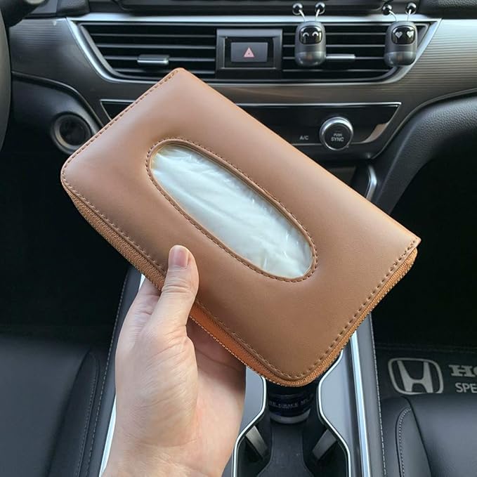 Car Tissue Holder, Sun Visor Tissue Holder, Car Visor Napkin Holder, PU Leather Backseat Tissue Case Holder for Car Vehicle with Zipper (Brown)