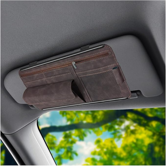 Car Sun Visor Organizer, Leather Multi-Pocket Glasses Card Holder with Zipper, Waterproof Scratch-Resistant Sunshade Storage Bag, Universal Auto Interior Accessory for Car/Truck/SUV (Brown)