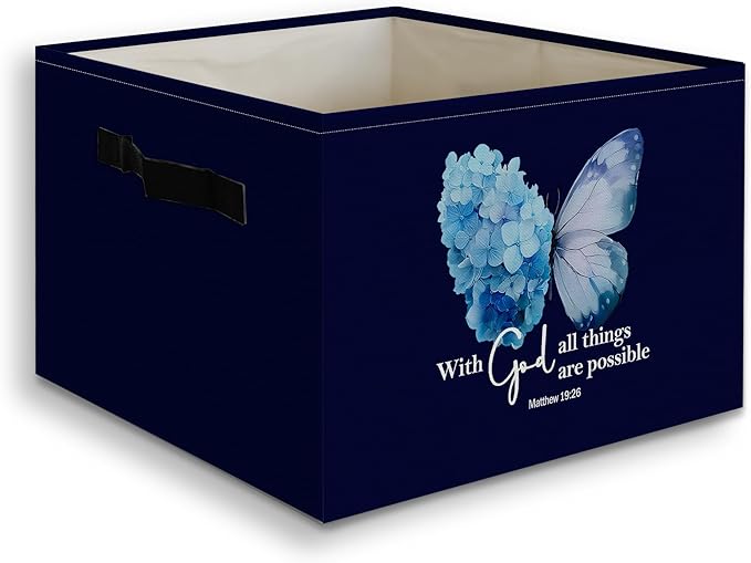 Navy Blue Christian Butterfly Foldable Storage Bins Box with Handles, With God All Things Are Possible Bible Verse Collapsibl