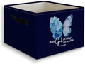 Navy Blue Christian Butterfly Foldable Storage Bins Box with Handles, With God All Things Are Possible Bible Verse Collapsibl