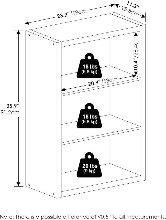 Furinno Viola Book Shelf, 3-Tier Bookshelf, Extra Thick Frame Bookcase with Open Shelf, Open Back Design, 11.3" x 23.2" x 35.