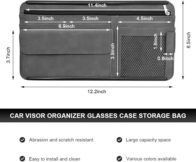 Car Sun Visor Organizer, Soft Leather Auto Sunshade Glasses Storage Bag with Multi-Pocket Net Zipper, Scratch-Resistant Vehicle Visor Pocket Eyeglasses Case Note Holder (Gray)