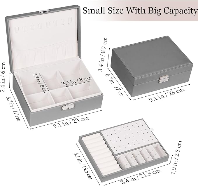 Jewelry Box for Women Girls, 2 Layers Jewelry Organizer Container with Lock, PU Leather Storage Case with Removable Tray, Jew