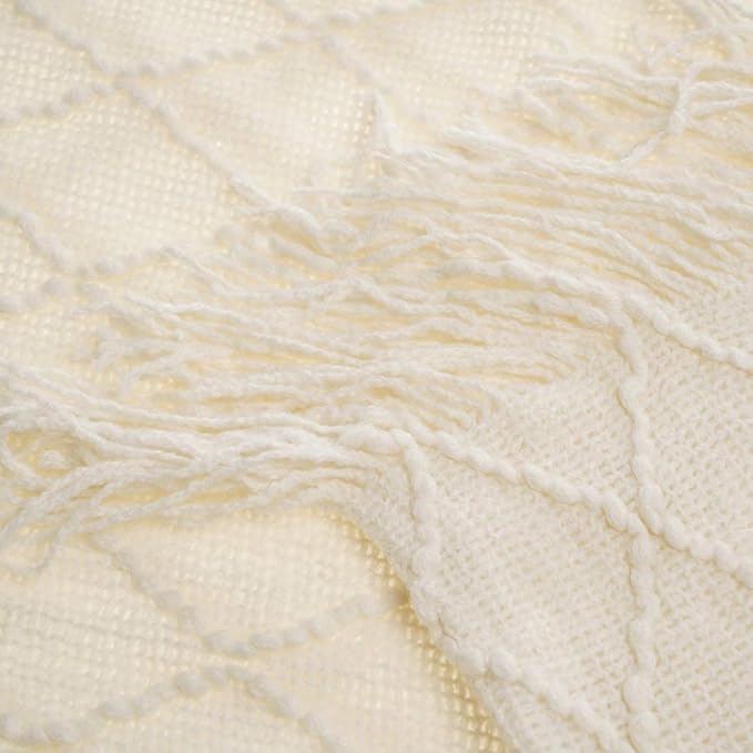 BATTILO HOME Large Cream Throw Blanket with Fringe, End of Bed Throw Blankets White,Spring Throw Blanket for Couch Sofa Indoo