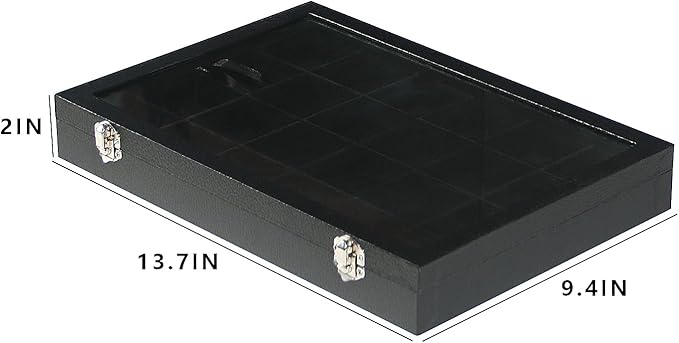 Coward Jewelry Organizer Box, Black Velvet 24 Grids Ring Earring Jewelry Display Tray Case with Transparent Glass Lid for Hom