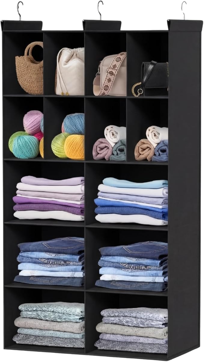 Ofiray-home 5 Tier Hanging Closet Organizer, 14 Compartments Sweater Organizer for Closet with 3 Sturdy Hooks, Closet Organiz