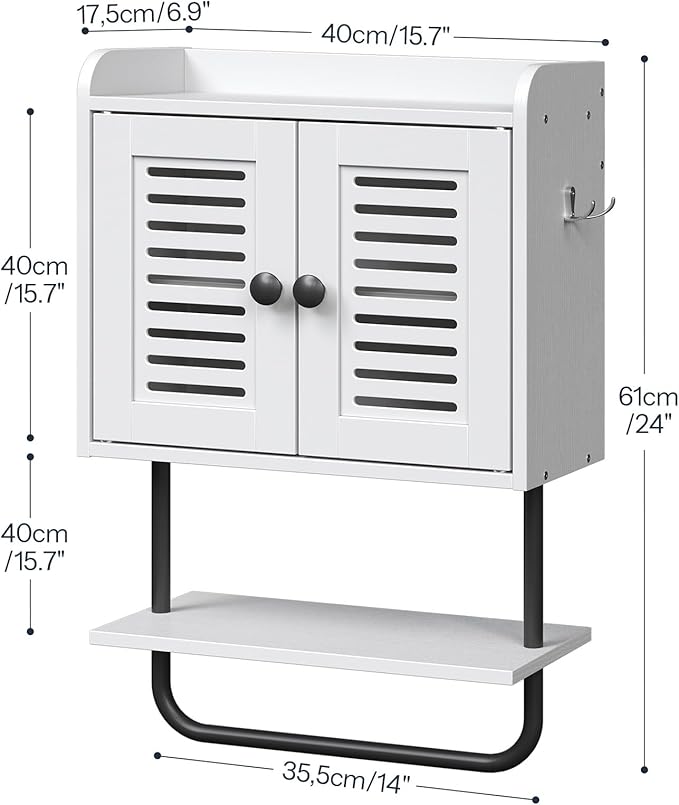 HOOBRO Medicine Cabinet, Double Doors Bathroom Wall Cabinet with Towel Bar, Adjustable Shelf, 2 Hooks, Over The Toilet Storag