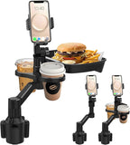 Car Cup Holder Tray - 4 in 1 Adjustable Car Cup Holder Expander with 360° Rotatable Food Tray Table and Phone Mount for Drive