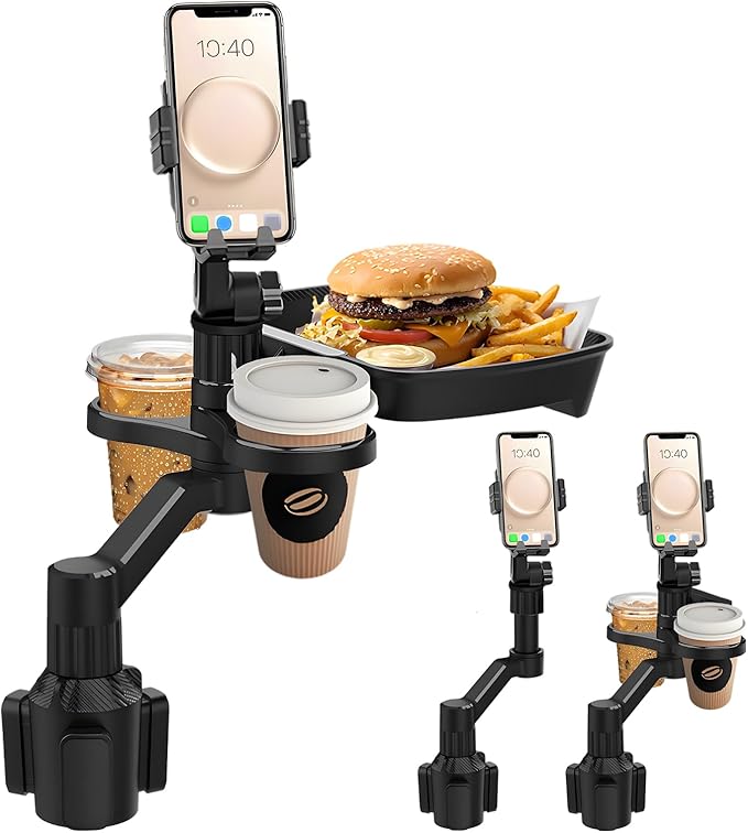 Car Cup Holder Tray - 4 in 1 Adjustable Car Cup Holder Expander with 360° Rotatable Food Tray Table and Phone Mount for Drive