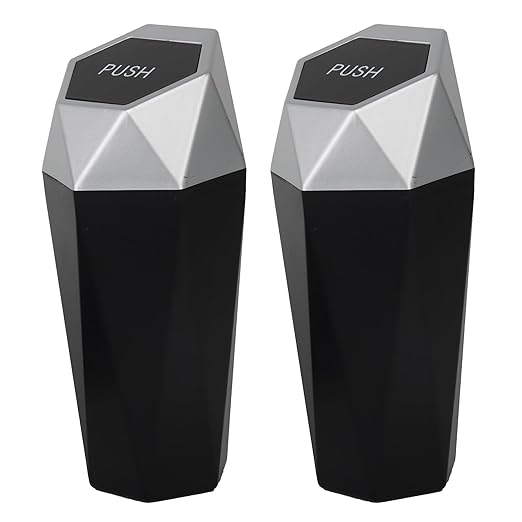 Car Trash Can Bin,Small Garbage Can with Lid,Automotive Cup Holder Mini Cars Trashcan,Portable Door Trash Cans,Car Essentials Gadgets Dustbin (2Pcs, Silver)