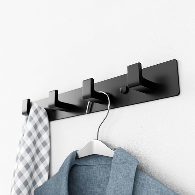 GWAAZXGZ Black Coat Rack Wall Mount - 12.5 inch Modern Metal Hook Rail with 4 Right-Angle Hooks, Drill-Mounted Organizer for 
