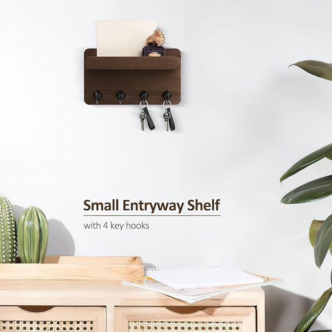 Nekon Key Holder Wall Mount, 8.5 Inch Small Home Decor Wooden Wall Organizer with 4 Hooks and Shelf, Key and Mail Holder for 