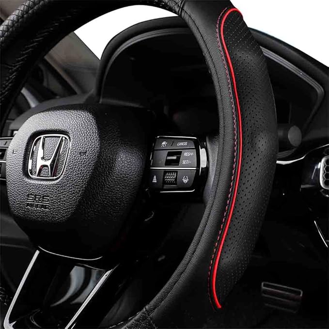 EKR Universal 15 inch Leather Steering Wheel Cover - Genuine Leather, Breathable, Anti Slip & Odor Free (Black with Red Lines, M(14" 1/2-15" 1/4))