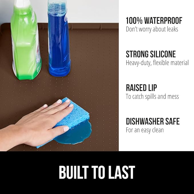 GORILLA GRIP Waterproof Silicone Under Sink Mat with Raised Lip for Kitchen and Bathroom, Cabinet Shelf Liner Stay in Place M