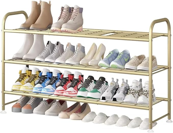 LINZINAR Shoe Rack Long 3 Tier Shoe Storage Organizer Metal Wide Shoe Shelf for Closet Entryway Bedroom 24 Paris Large Capaci