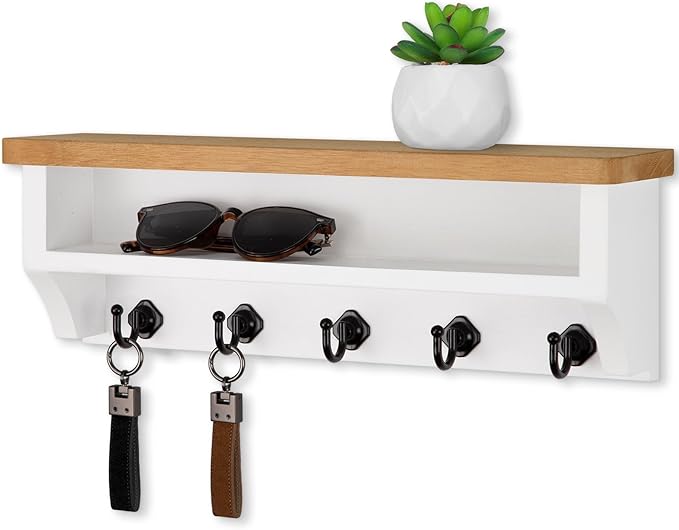 Nekon Key Holder Wall Mount, Wall Organizer Shelf with 5 Key Hooks, Room Decor for Home and Apartment Essentials, Wood and Wh
