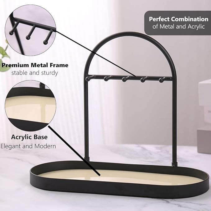 Shinpuru Metal Jewelry Organizer Stand & Key Holder Tray with Acrylic Base, Key Stand and Jewelry Tray with 5 Hooks, Perfect 