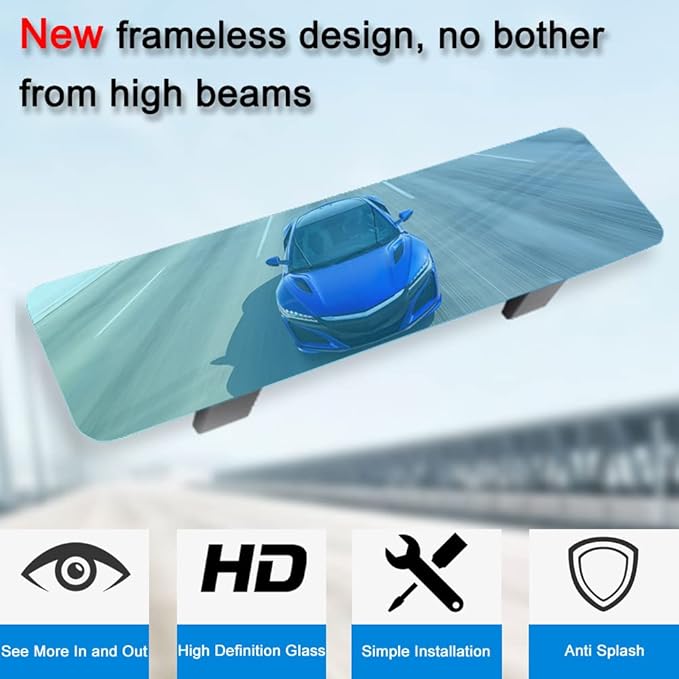 SkycropHD Frameless Anti Glare Rear View Mirror Interior Panoramic Wide Angle Mirror Eliminate Blind Spots for Car SUV Truck – Flat,11.8in (Blue)
