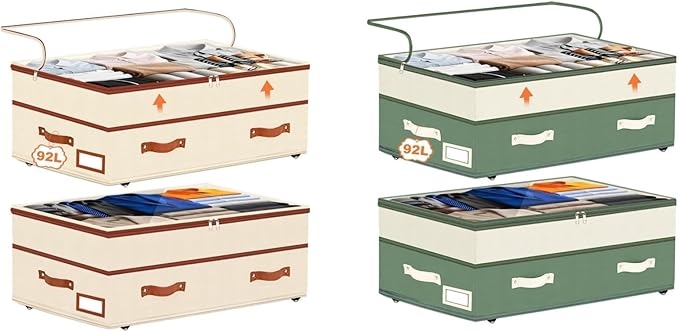 Dolicer 4 Pack Under Bed Storage with Wheels (Beige & Green), 4 Pack 92L XXXL 6in-10in Height Adjustable Underbed Storage Con