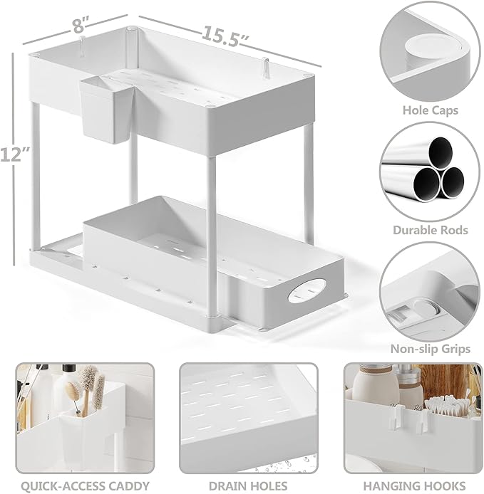 Under Sink Organizers and Storage, Bathroom Cabinet Organizer, Sink Shelf with Utility Hooks and Side Caddy for Under Cabinet