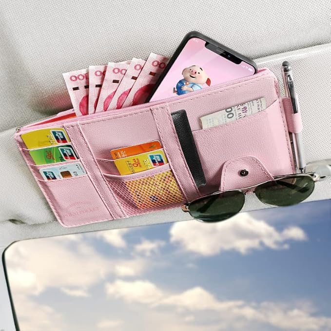 Car Sun Visor Organizer Auto Car Visor Pocket and Interior Accessories Car Storage Organizer with Multi-Pocket Net Zippers (Style 1-Pink)