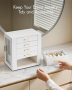 Vlando 360° Rotating Jewelry Box with 5 Drawers, Large Jewelry Storage with 2 Glass Window, PU Leather Jewelry Organizer for 