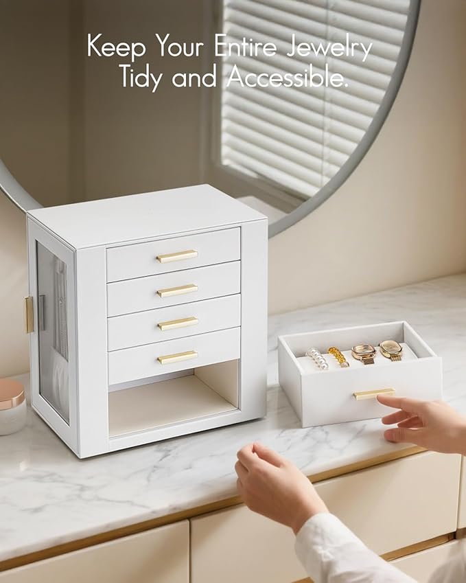 Vlando 360° Rotating Jewelry Box with 5 Drawers, Large Jewelry Storage with 2 Glass Window, PU Leather Jewelry Organizer for 