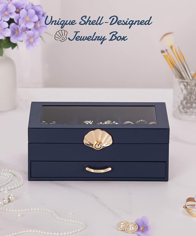 Enthralite Jewelry Box with 1 Drawers: Display Organizer for Earrings Necklaces - Gifts for Girls Women (Dark Blue)