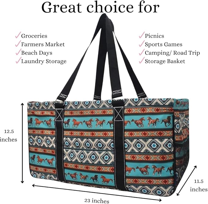 NGIL Extra Large Utility Tote Reusable Grocery Bag Oversized Collapsible for Groceries, Storage, Picnic, Beach (Western Bronco-Black)