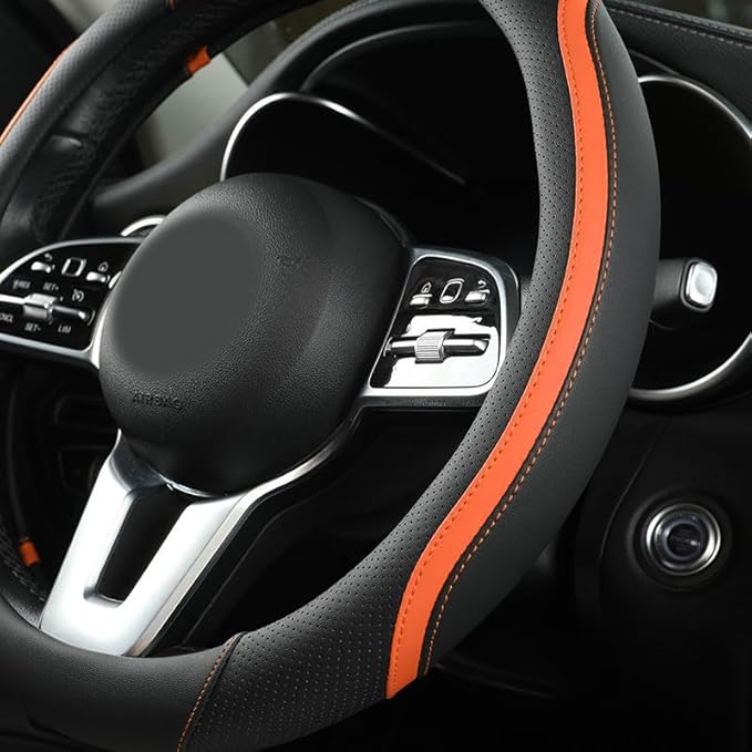 Car Steering Wheel Cover, Leather Steering Wheel Cover Orange Universal 14.5-15 Inch Microfiber Leather Anti-Slip Breathable 